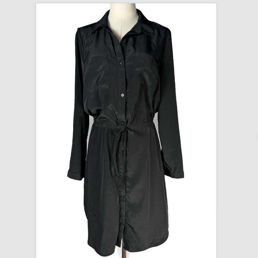 (M) OLD NAVY Black 3/4-Long Sleeve Silk-feeling Midi Shirt Dress